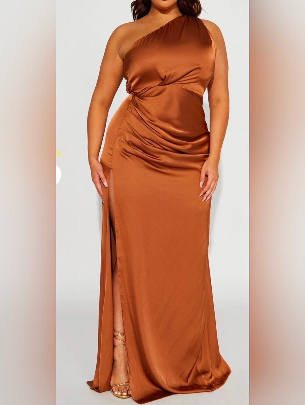 Satin Ruched Side-Slit Dress in Brown FORMAL